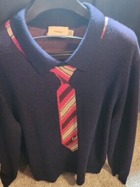 Coach Men’s XL Navy Blue 100% Wool Trompe L'oeil Tie Graphic Polo Sweater